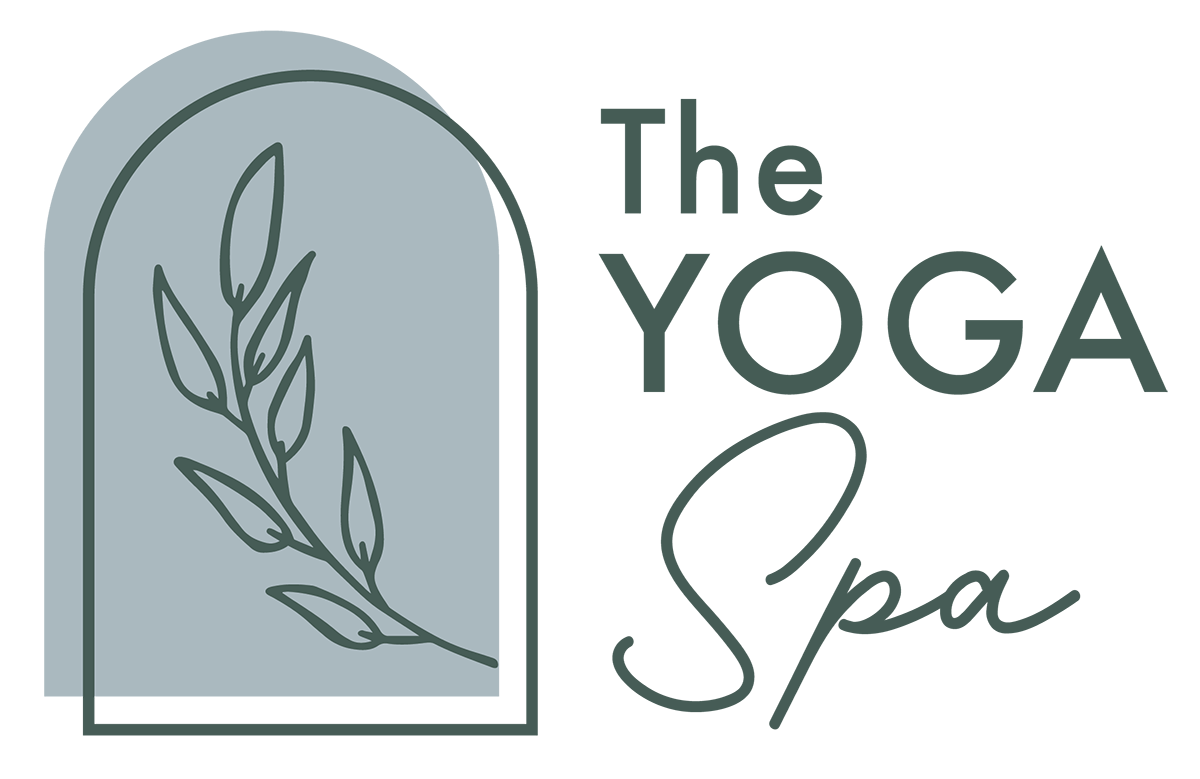 Primary logo of The Yoga Spa featuring a stylized leaf within an arched frame.