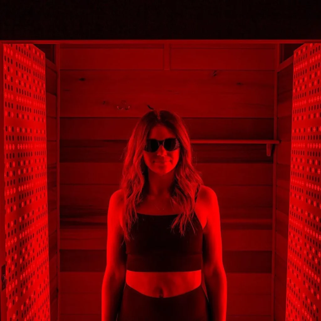 A woman standing inside a red light therapy booth, showcasing advanced spa services.