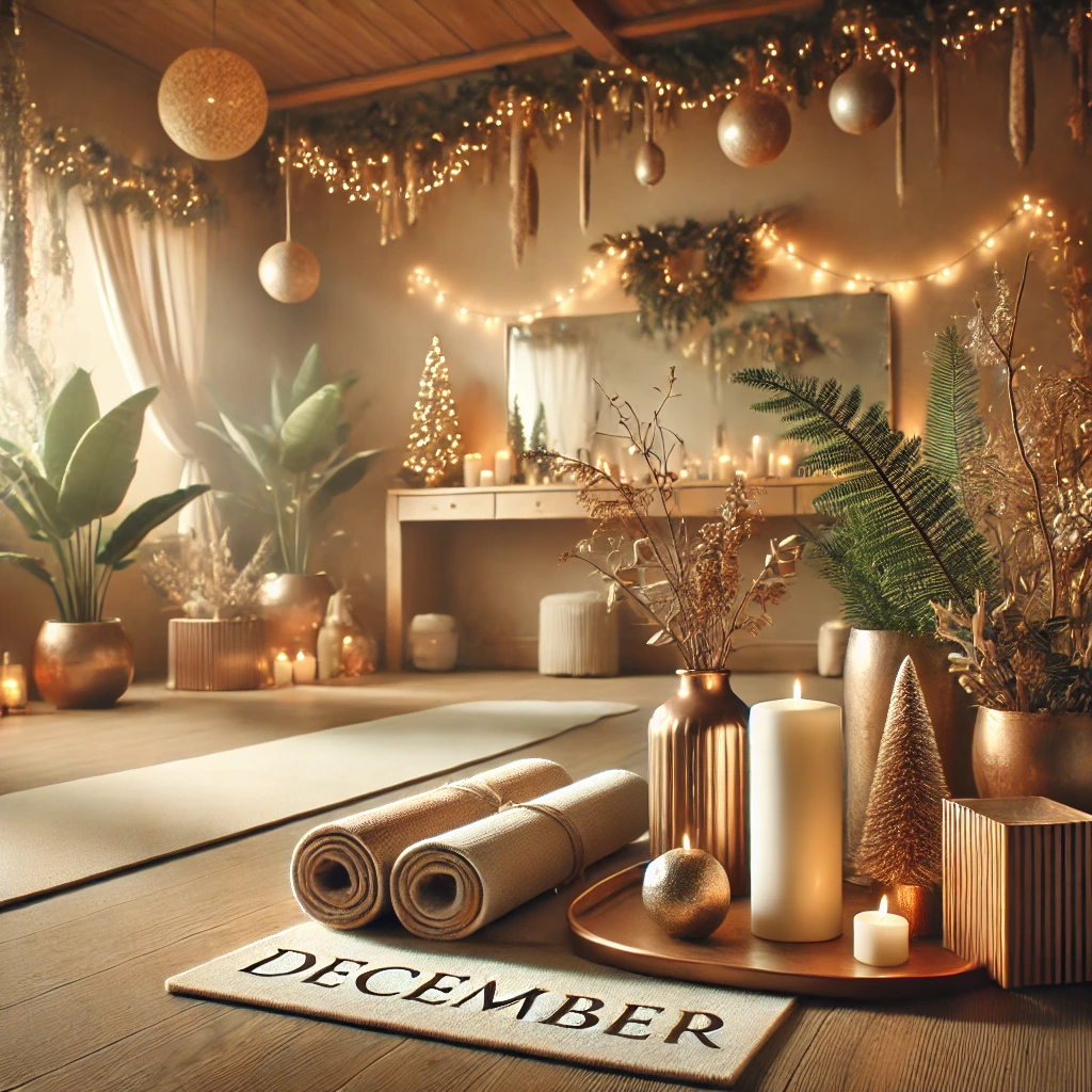 A serene yoga and wellness studio decorated for a December workshop, with mats, plants, candles, and festive decor.