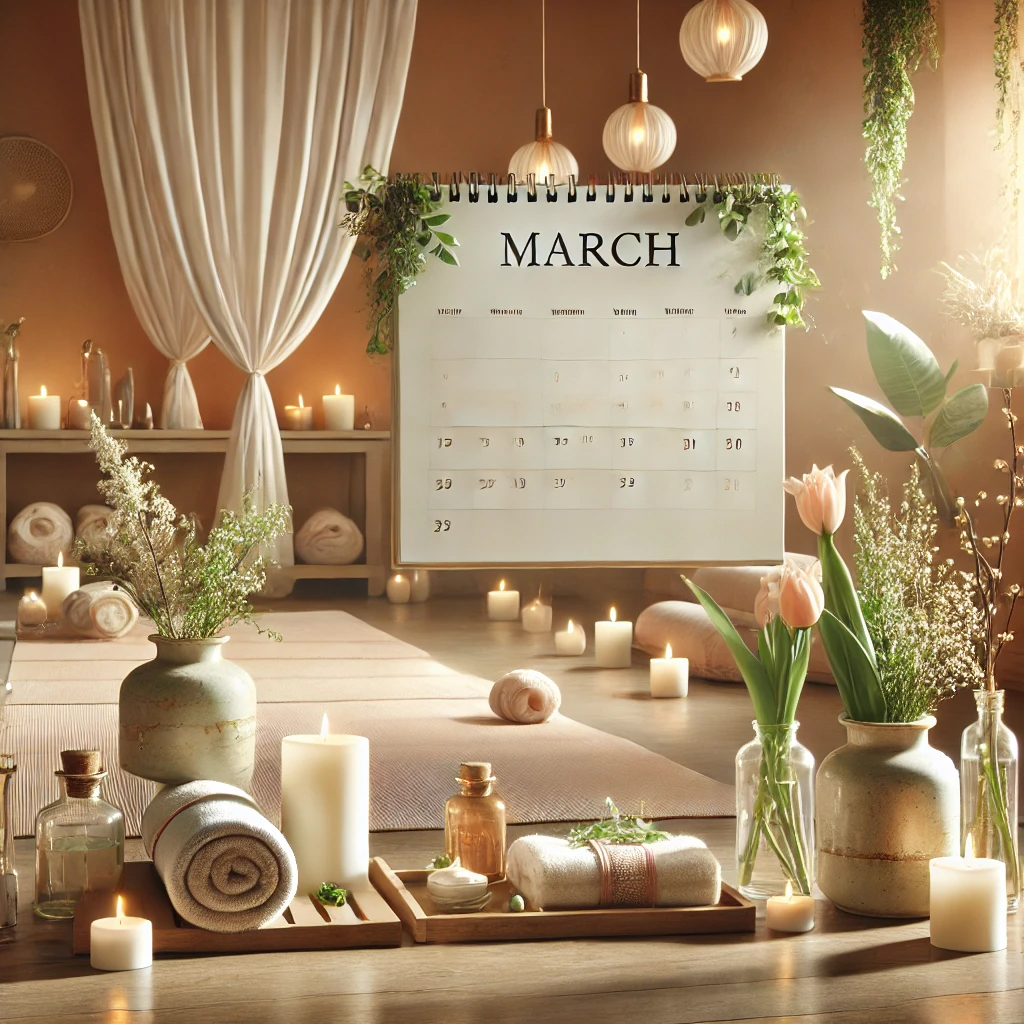 A yoga studio set up with candles, flowers, and a calendar for March workshops, creating a serene ambiance.