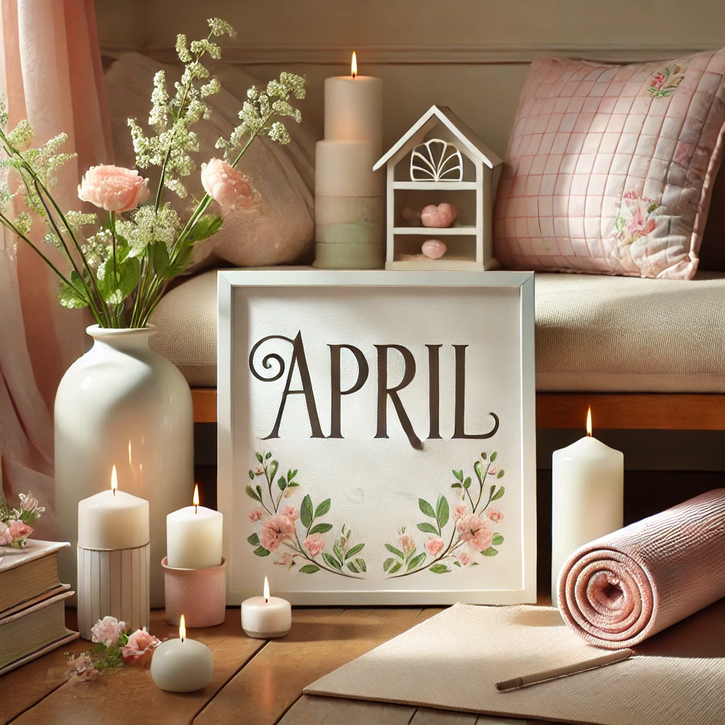 Calm April-themed setting with candles, flowers, and a decorative sign, representing a serene atmosphere for workshops.