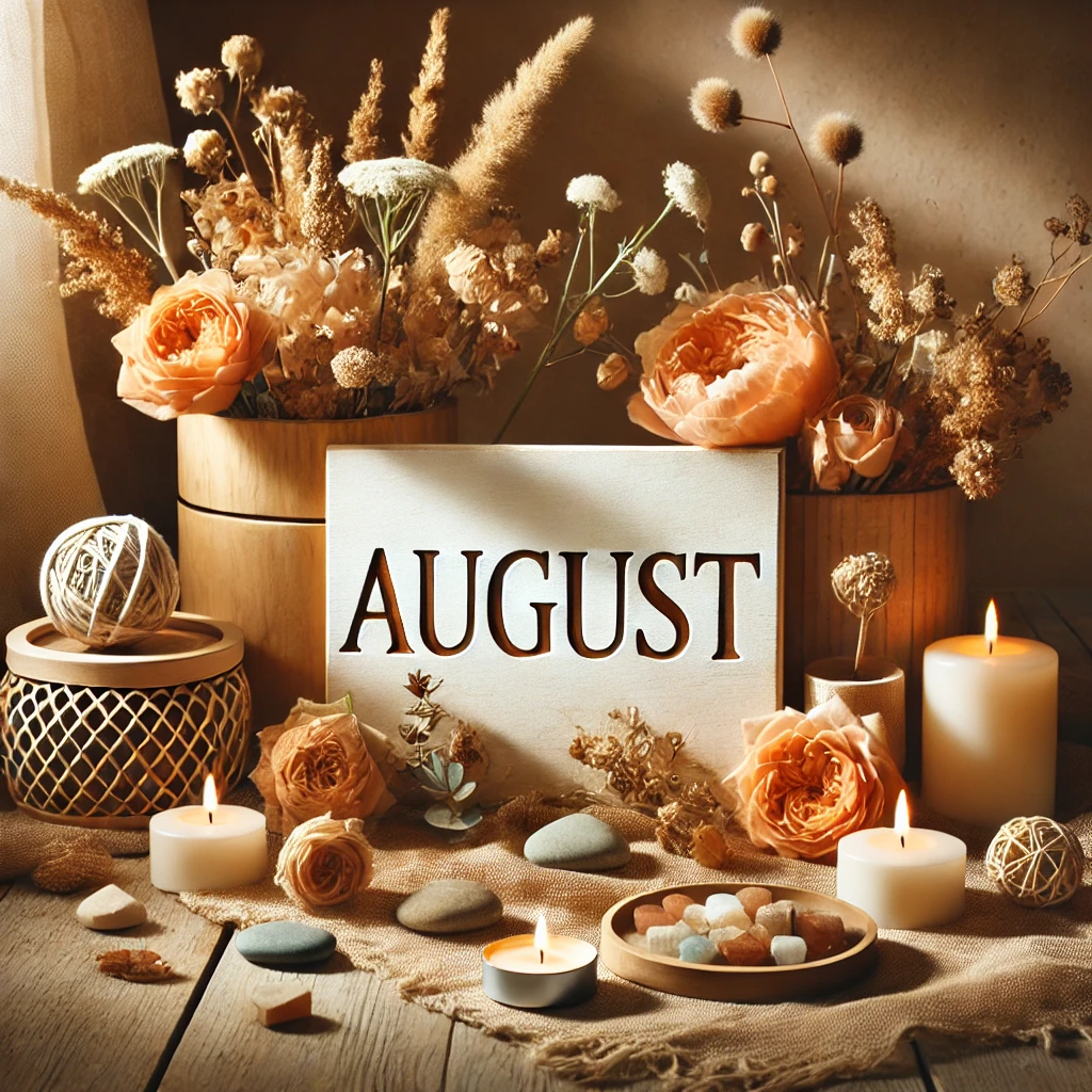 August-themed workshop decor featuring candles, dried flowers, and natural elements, creating a warm and inviting ambiance.