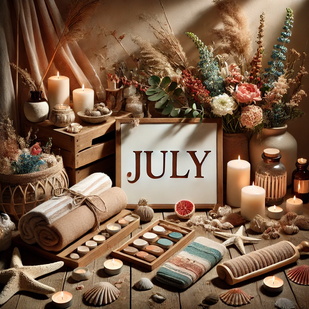 July-themed workshop decor with candles, seashells, and dried floral arrangements, evoking a warm and creative summer ambiance.