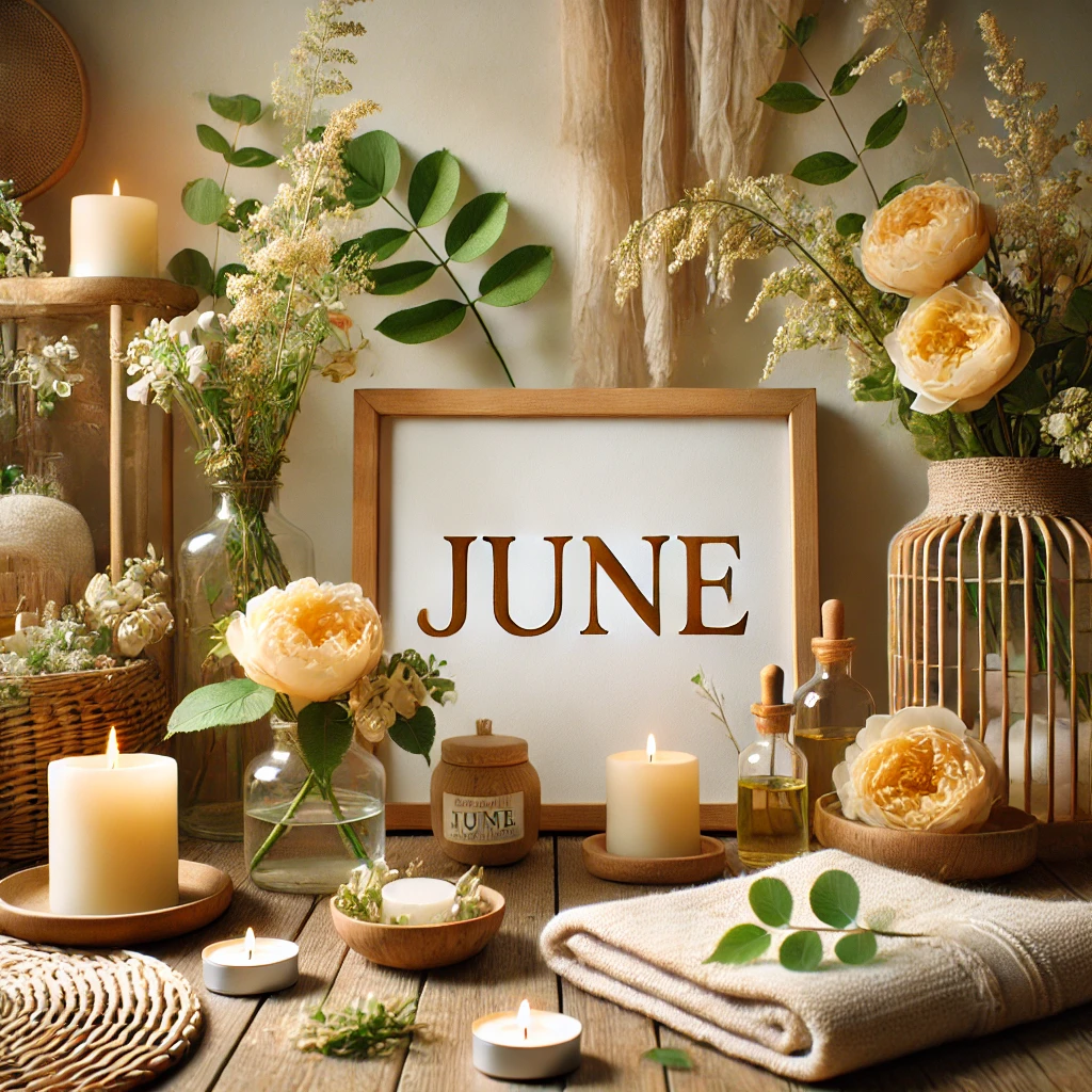 June-themed workshop decor featuring candles, flowers, and natural elements, creating a peaceful and inspiring ambiance.