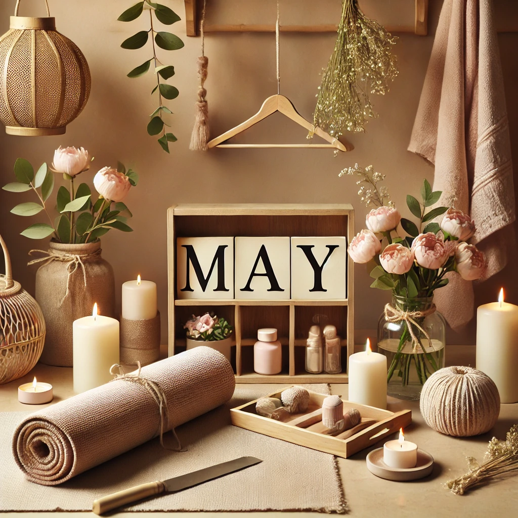 May-themed workshop setting with candles, flowers, and cozy decor elements, creating a warm and inviting environment.