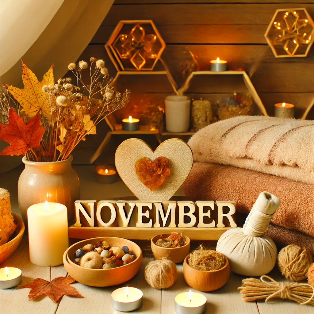 November-themed workshop decor with candles, dried leaves, cozy blankets, and rustic elements, creating a warm and inviting space.