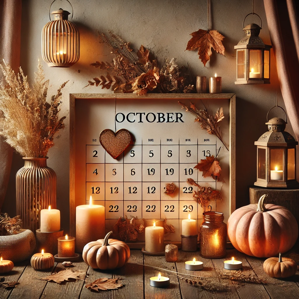 October-themed workshop decor with pumpkins, candles, lanterns, and autumn leaves, evoking a warm fall atmosphere.