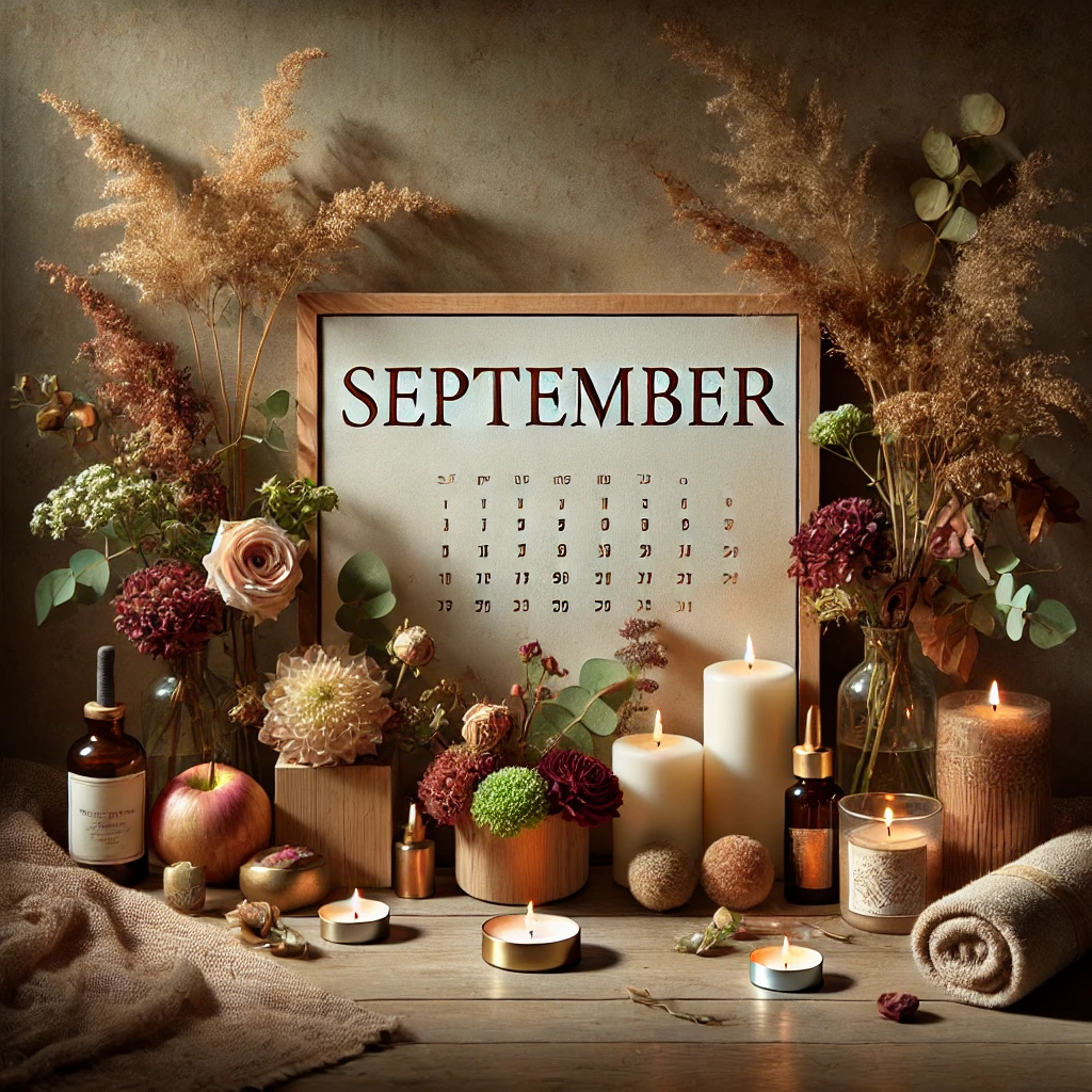 September-themed workshop decor with candles, dried flowers, and a rustic calendar, creating a warm and earthy ambiance.