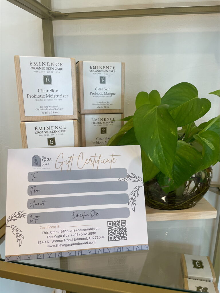 The Yoga Spa Gift Cards with products in the background