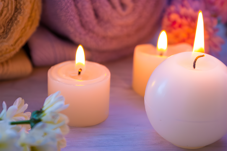 Mindfulness and yoga benefits with candles and flowers representing self care practices and spring wellness relaxation